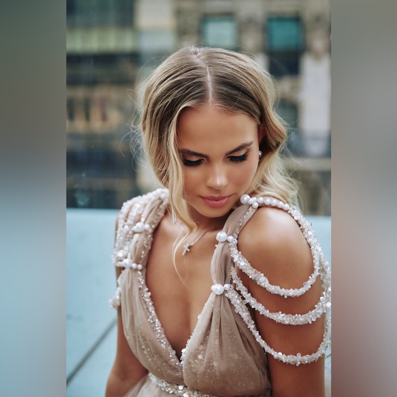 Beige cocktail dress, Beaded evening Midi dress, Airy Party dress,Wedding beige - Picture 13 of 14